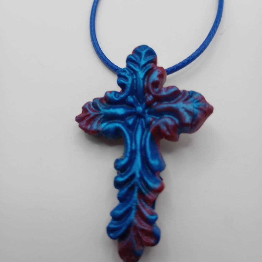 Blue and Maroon Ornate Cross Pendant Necklace